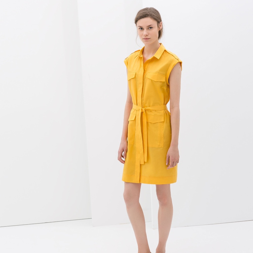 Zara Polplin Dress With Belt Golden Rod Yellow MED